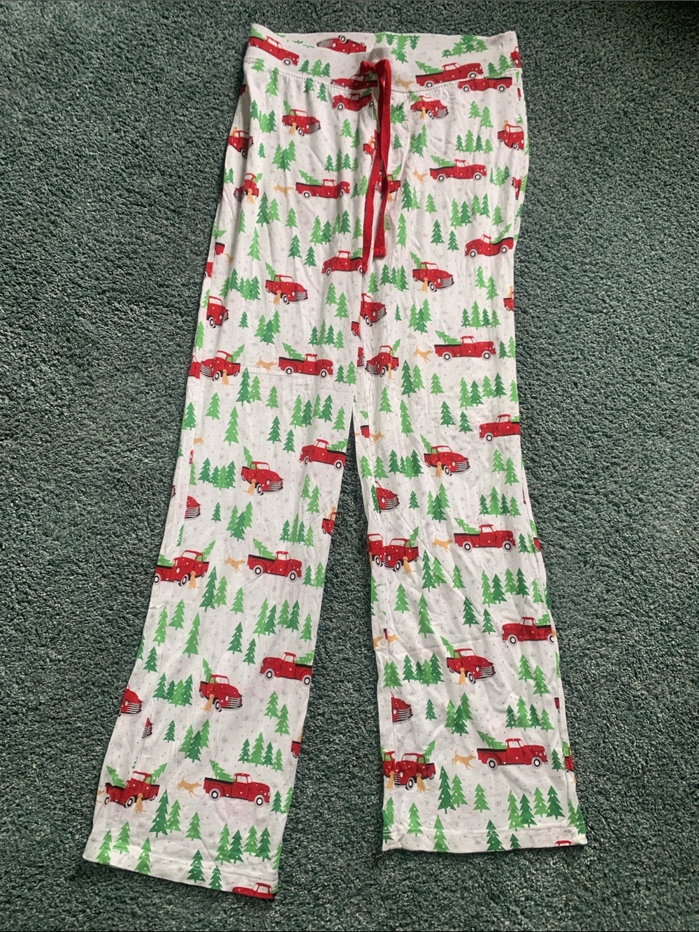 Cynthia Rowley White Pajama Pants with Red Trucks and Green Trees Christmas
